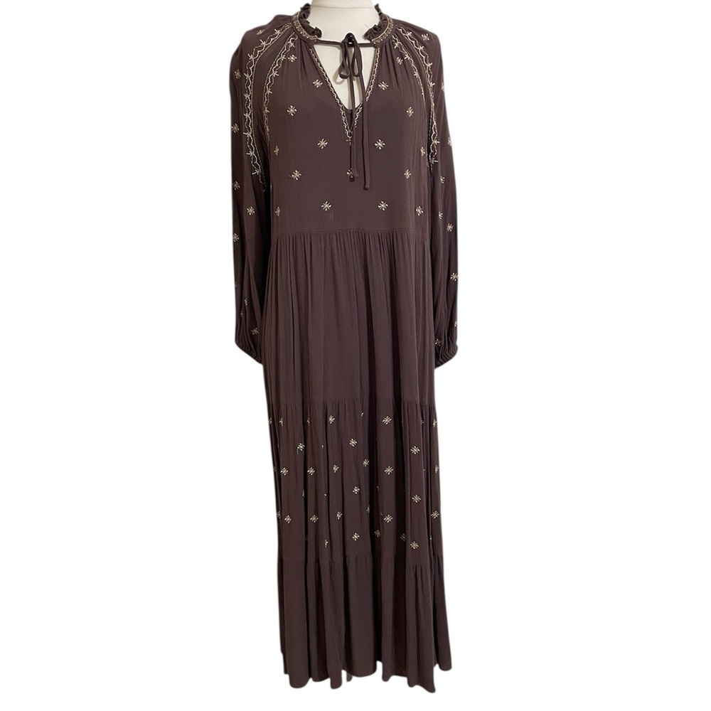 IN LOOM brown long sleeve boho tiered maxi dress tan embroidered lined medium